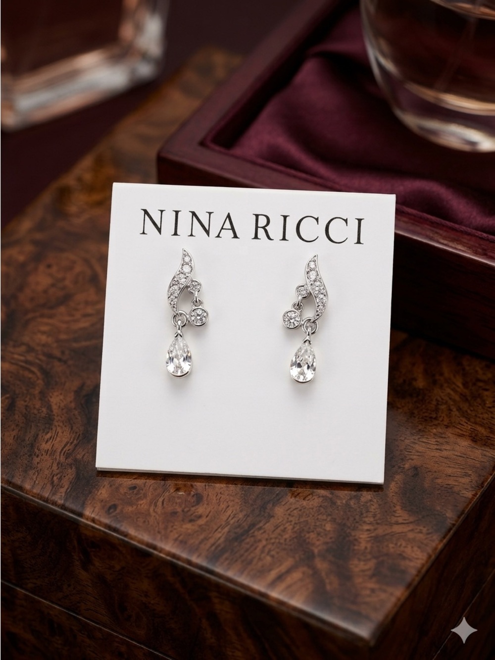 Nina Ricci Silver-tone Teardrop Crystal Dangle Earrings